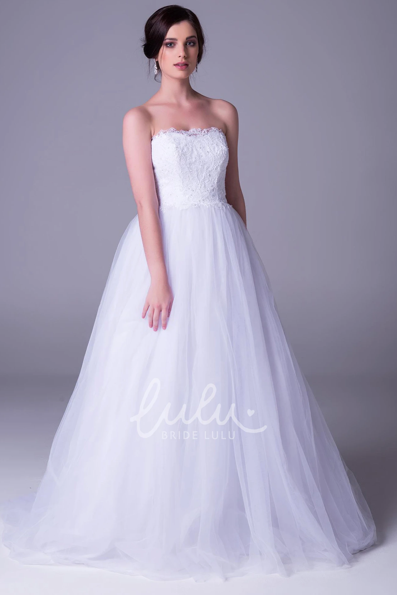 Tulle A-Line Wedding Dress with Strapless Neckline and Lace