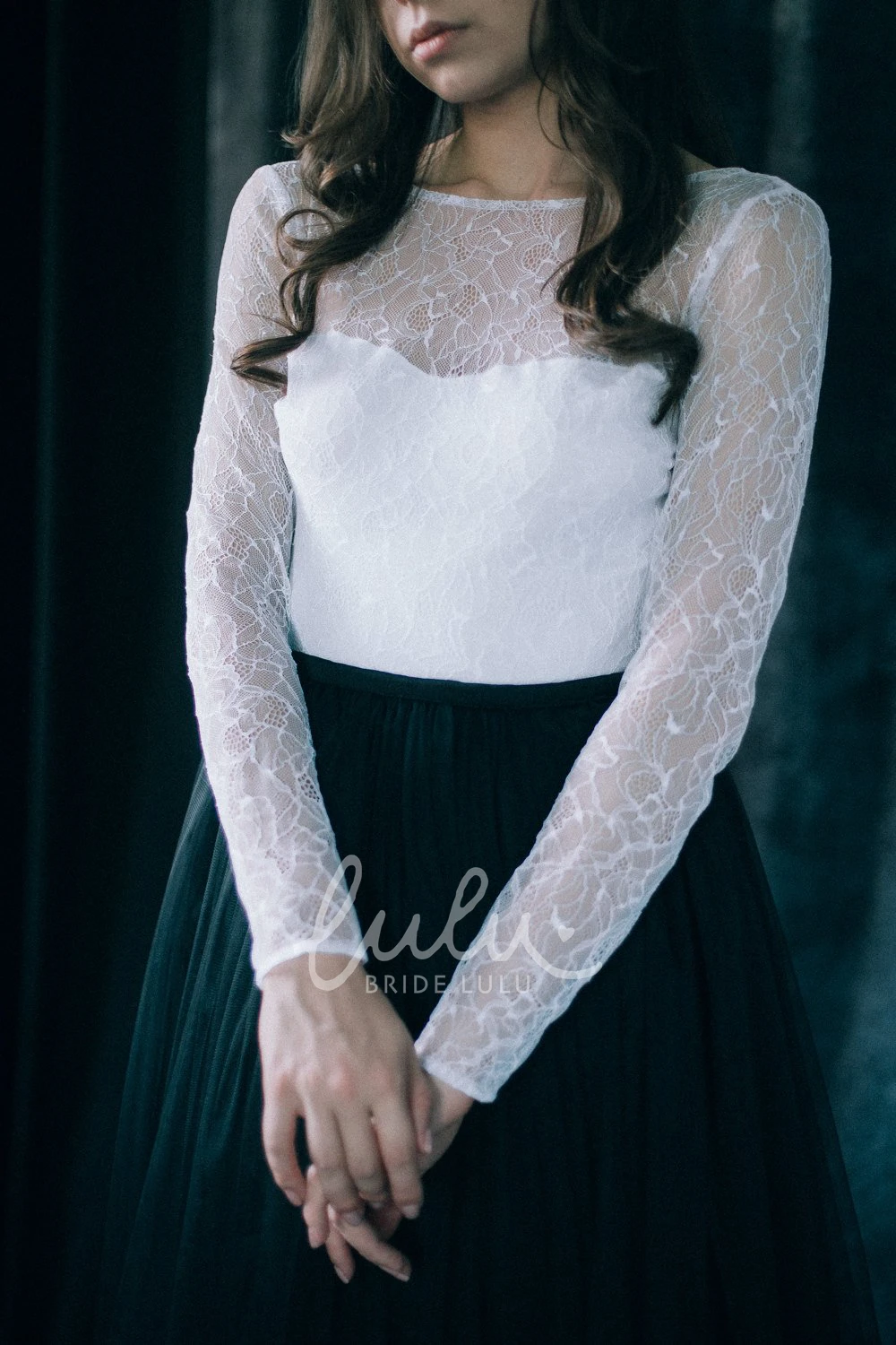 Black Pleated Lace Sheath Wedding Dress Bateau Deep-V Back Long Sleeve Floor-length