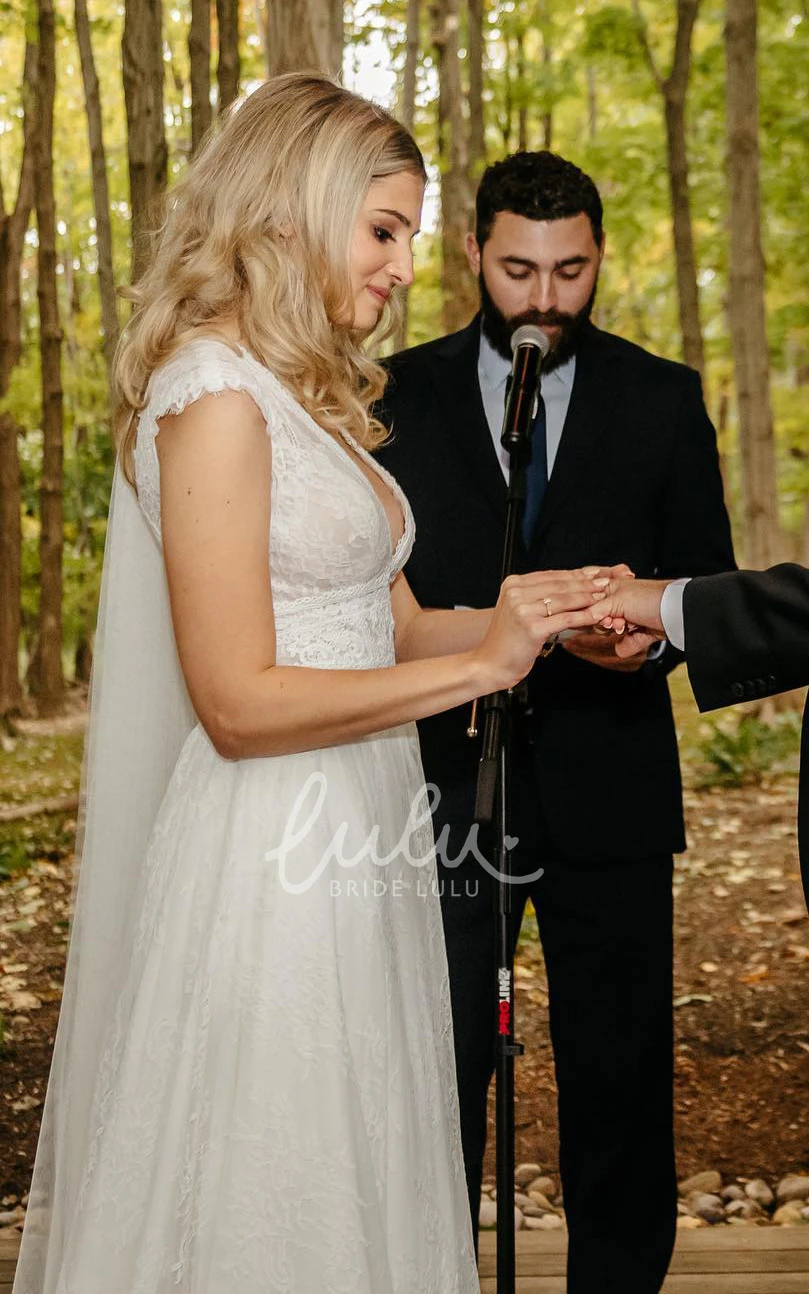 Sexy A-Line Lace Appliques Keyhole Back Bell Sleeves Country Wedding Dress with Sweep Train