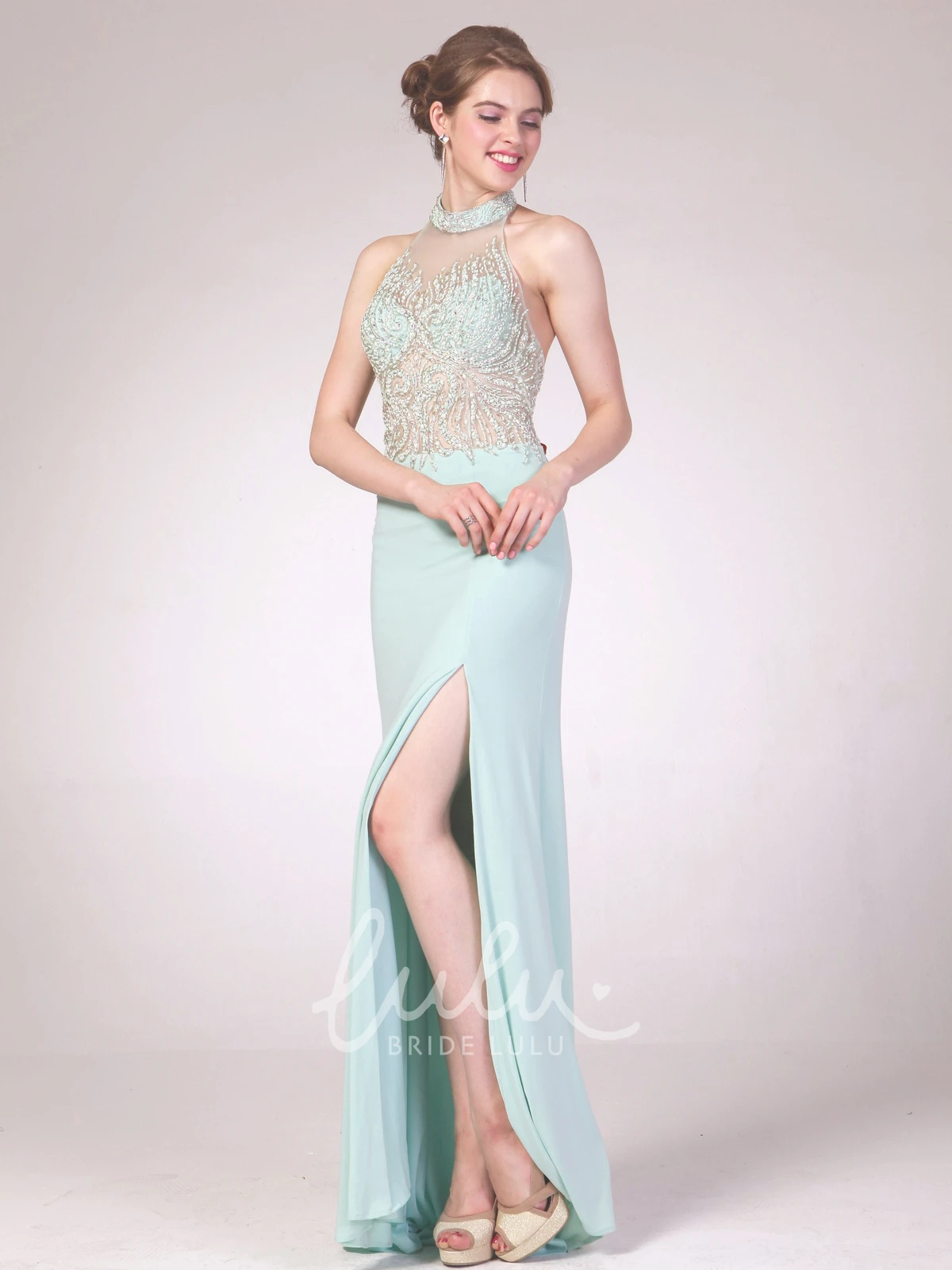 Backless Jersey Formal Dress with Beading and Split Front Sheath or Elegant