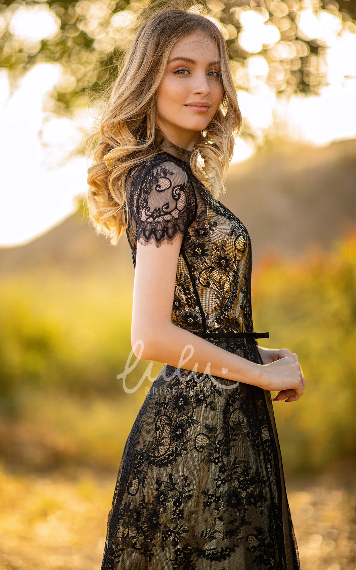 Ethereal A Line Lace Evening Gown with Jewel Neckline and Sleeves