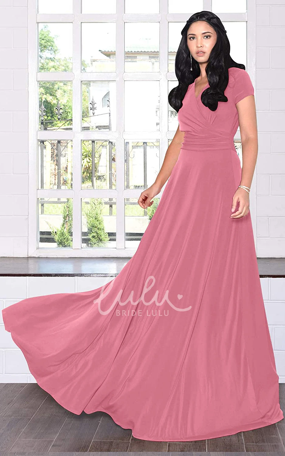 Simple Jersey V-neck A-line Evening Dress with Criss Cross and Pleats Prom Dress