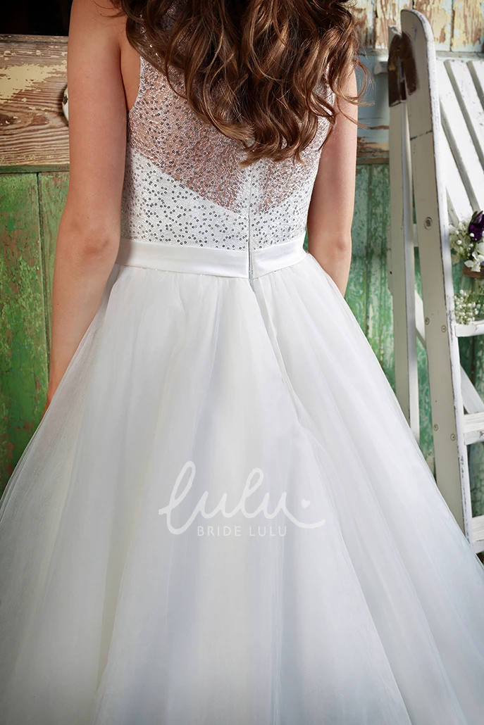 Sequined Tulle Wedding Dress Ball Gown Scoop Neck Floor-Length Sleeveless