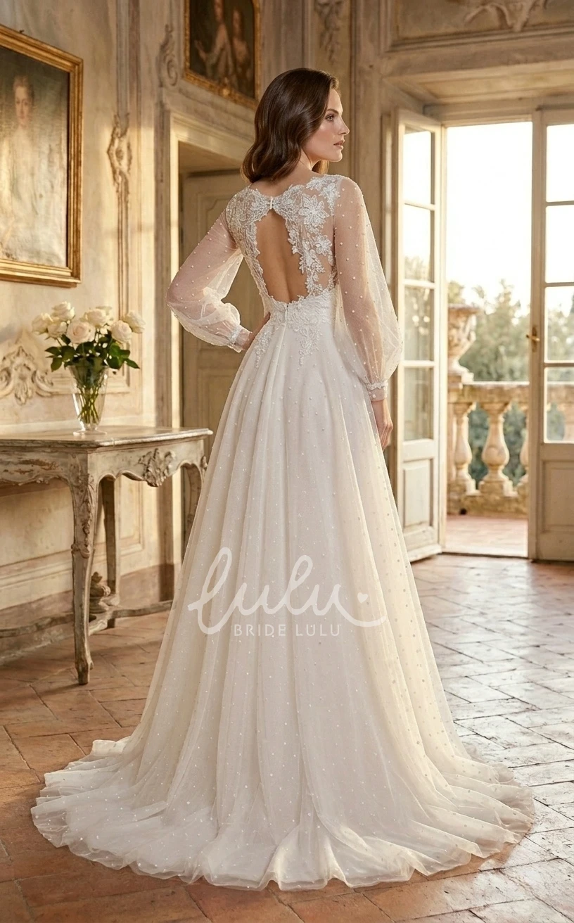 Mature Modest A-Line Boho Lace Plunging Neck Spring Wedding Dress Floral Elegant Long Puff Sleeve Appliqued Polka Dot Tulle Bridal Gown