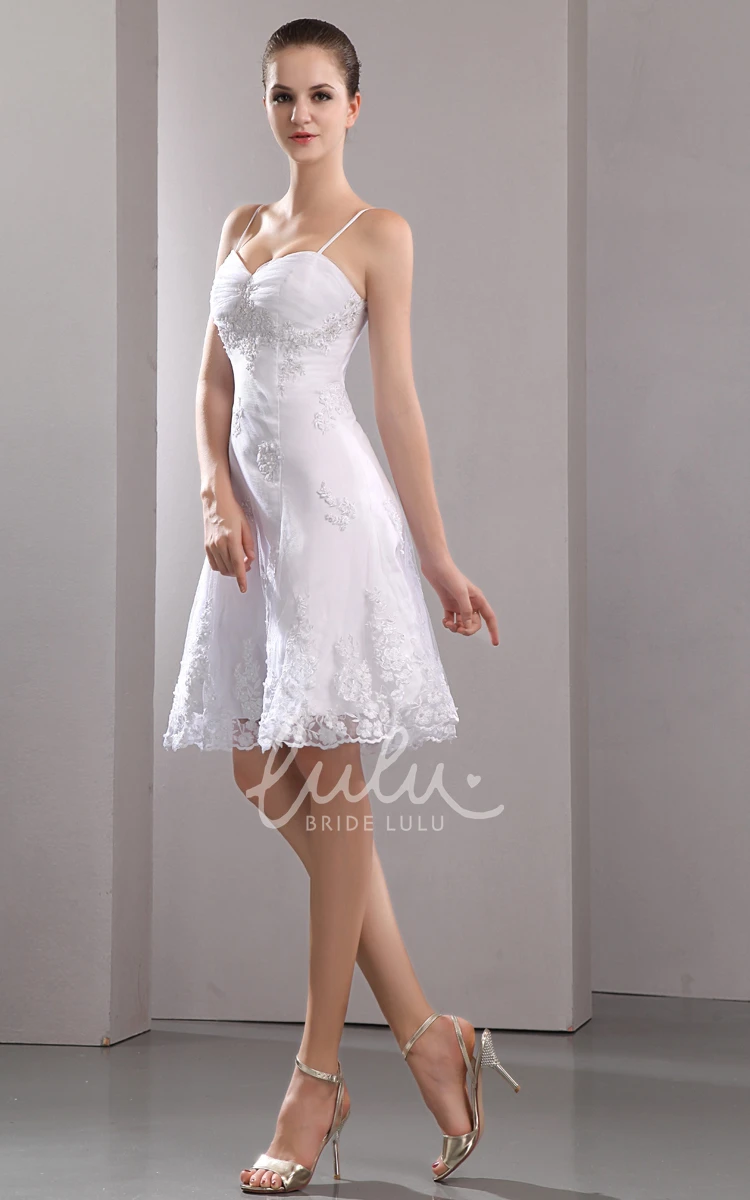 Short Sleeveless Spring Wedding Dress with Embroidery and Spaghetti Straps