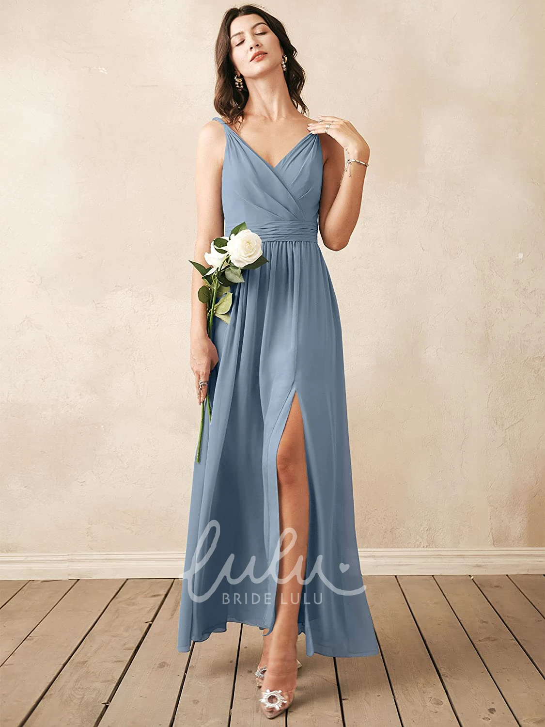 Sleeveless V-neck Chiffon A-line Bridesmaid Dress with Ruching Elegant