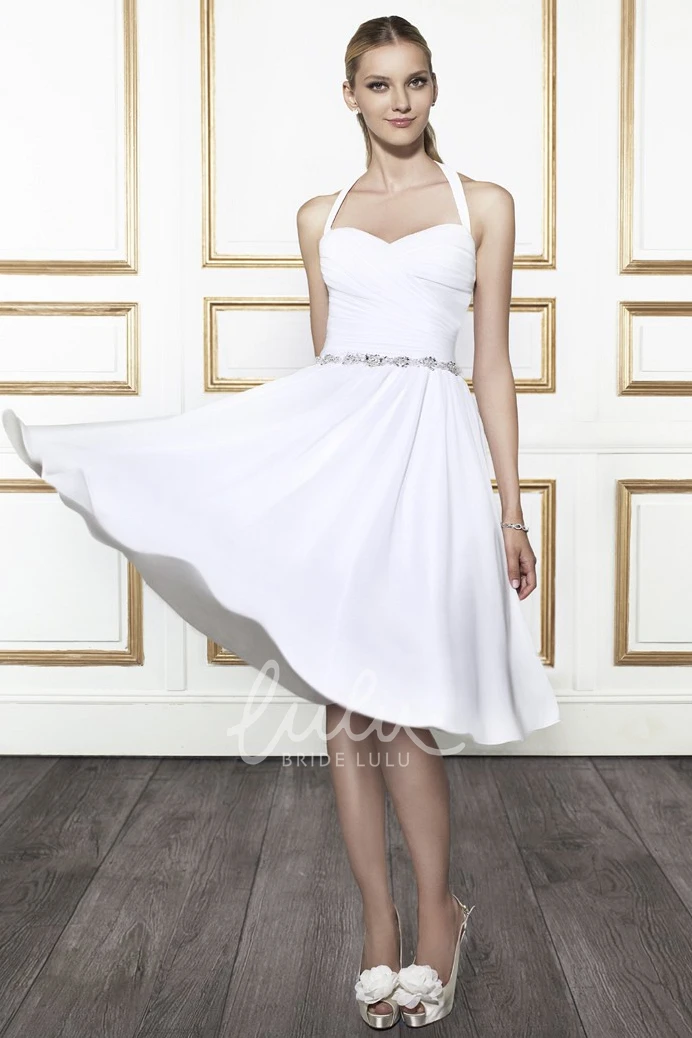 Chiffon Halter V-Back Wedding Dress with Waist Jewelry Knee-Length