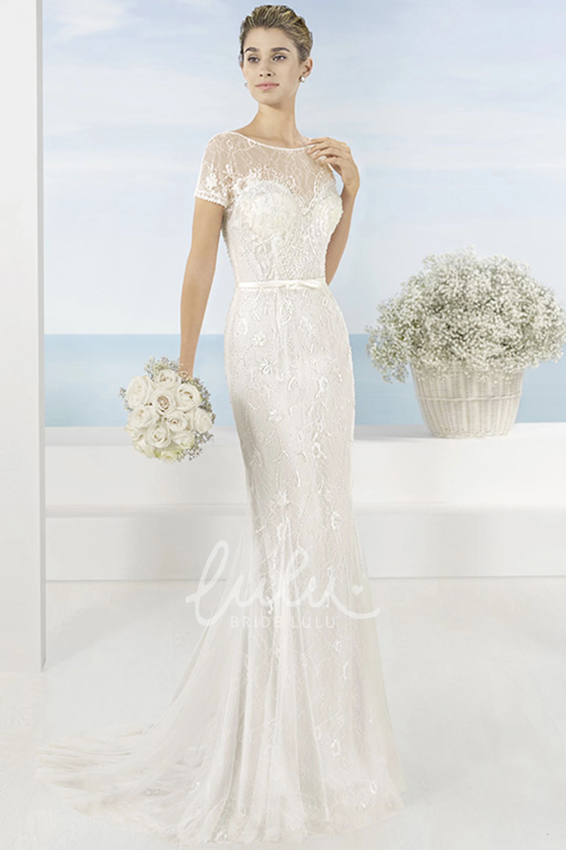 Scoop Neckline Lace Tulle Wedding Dress with Short Sleeves Classy Wedding Dress