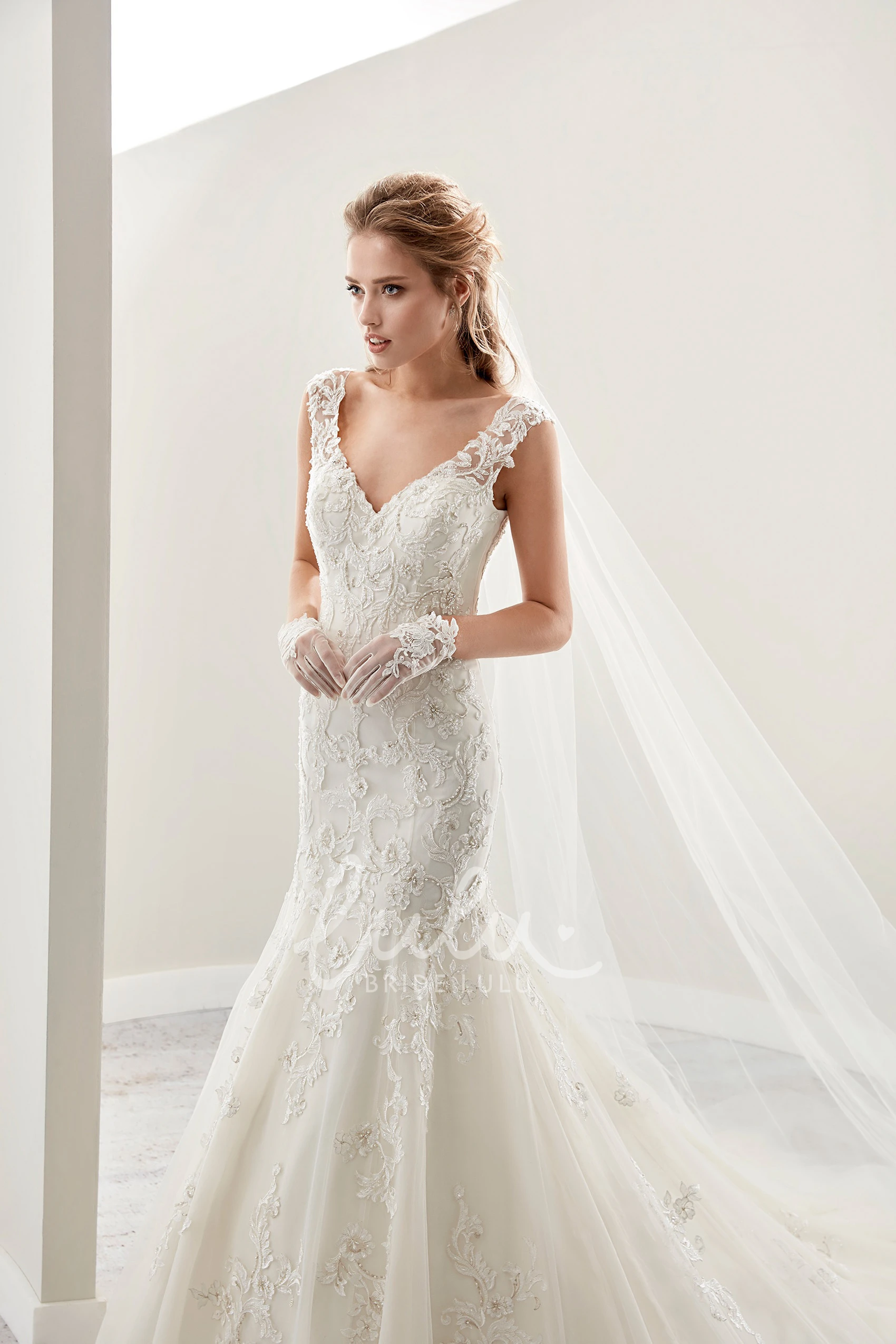 Mermaid Lace Wedding Dress with V-Neckline and Illusive Straps