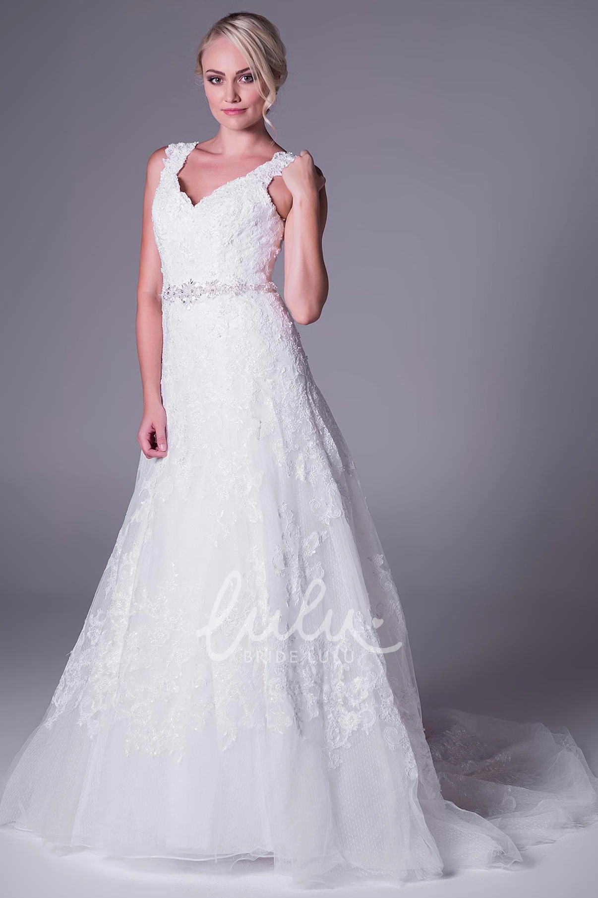 Lace A-Line Wedding Dress with Appliques Sleeveless V-Neck Waist Jewelry
