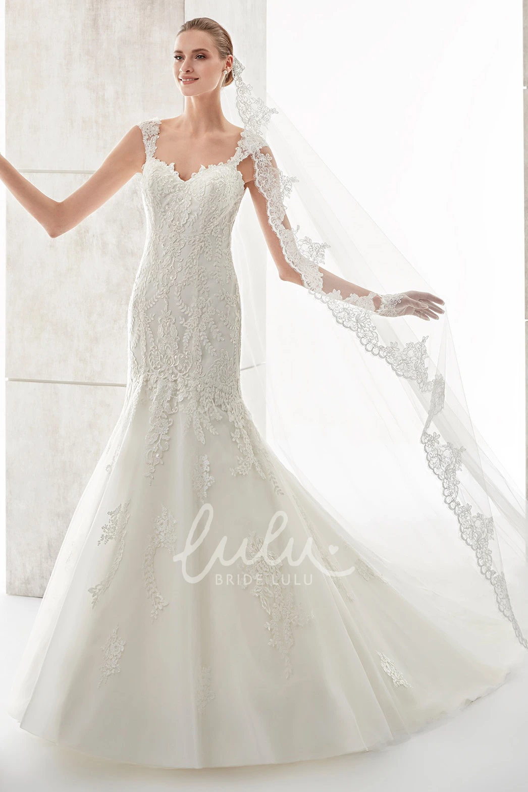 Illusive Lace Square-Neck Mermaid Wedding Dress with Court Train