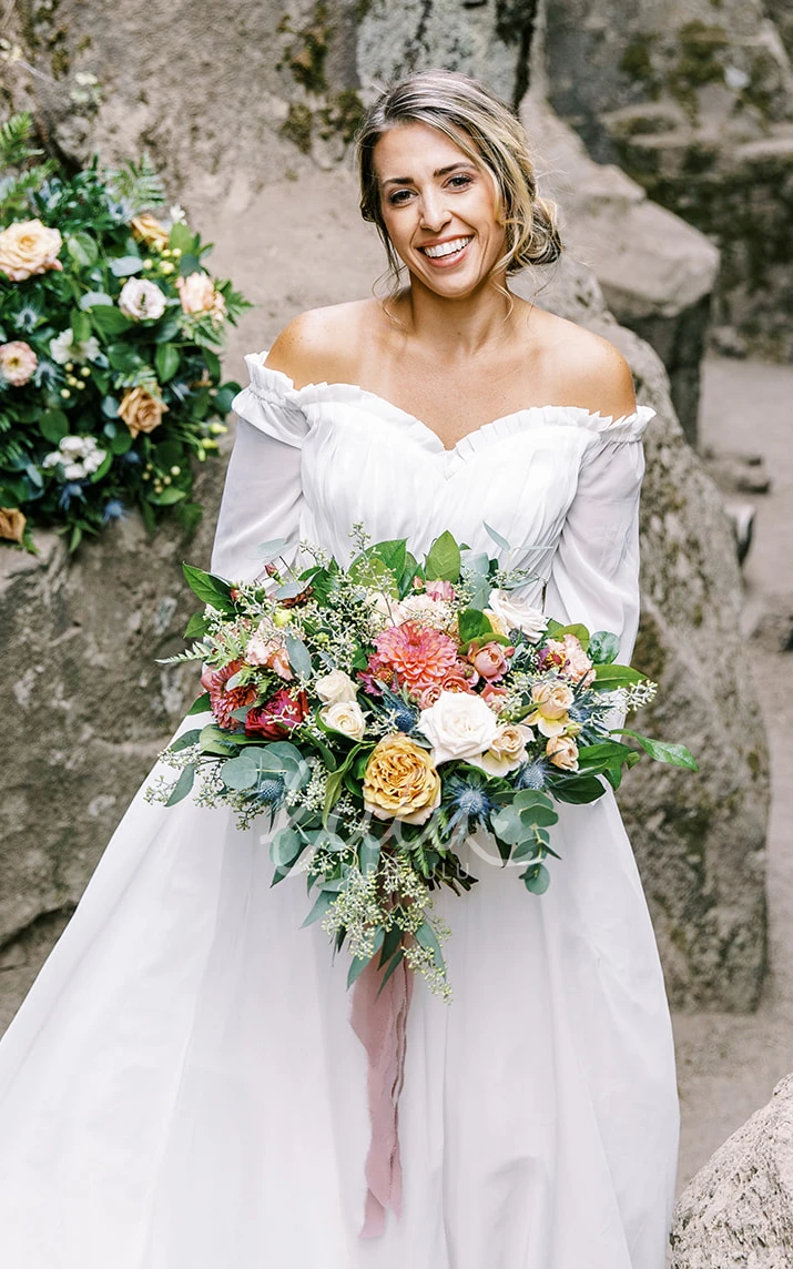 Elegant Chiffon Wedding Dress with Off-shoulder Sleeves and Appliques Classy and Modern