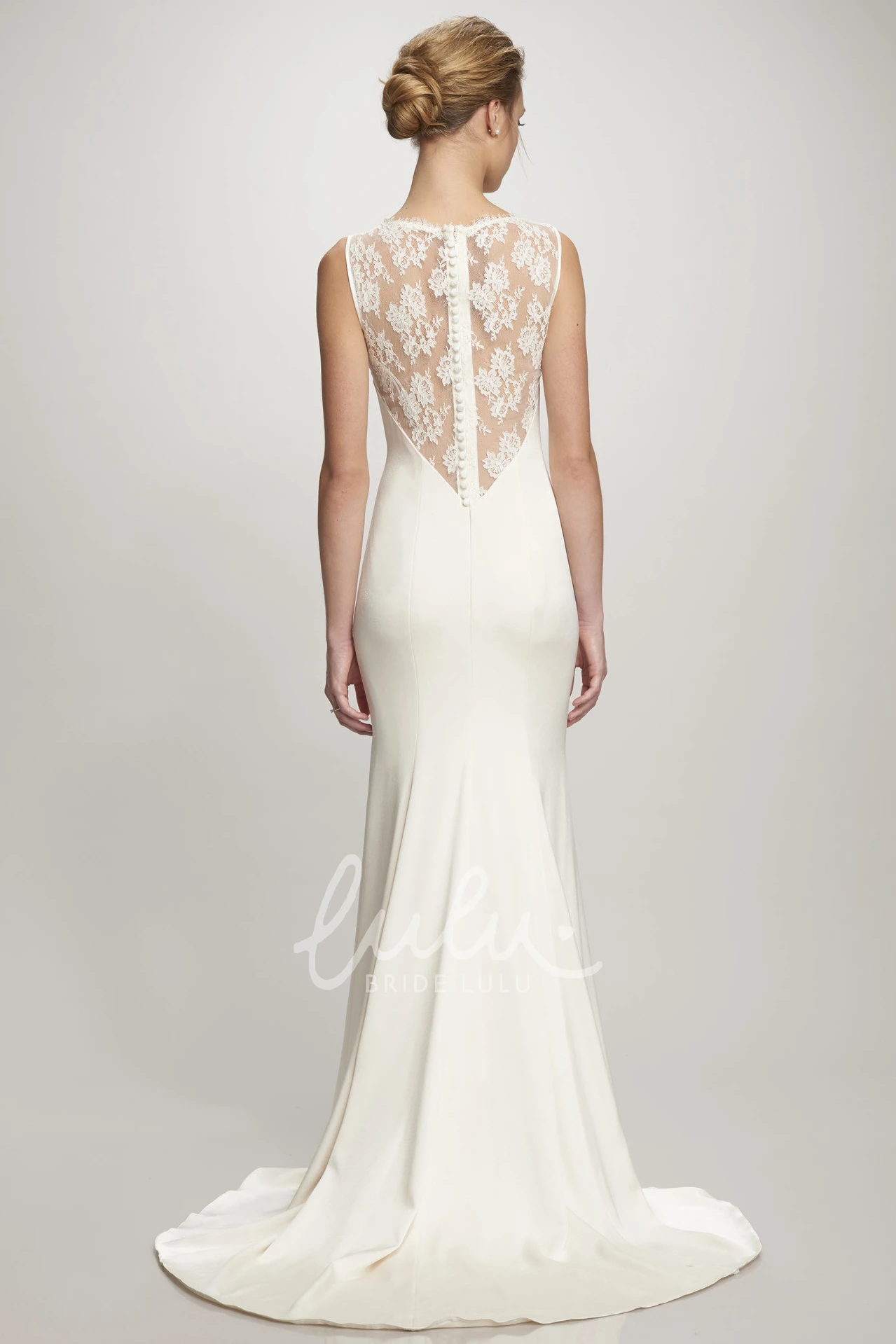 Lace Satin Wedding Dress with Illusion Back and Sweep Train A-Line Sleeveless