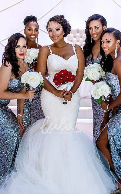 Short Mermaid Illusion Lace Wedding Dress with Spaghetti Straps and Bell Train