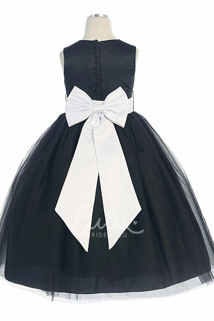 Sleeveless Tea-Length Satin and Tulle Flower Girl Dress with Bow Classy Dress for Girls