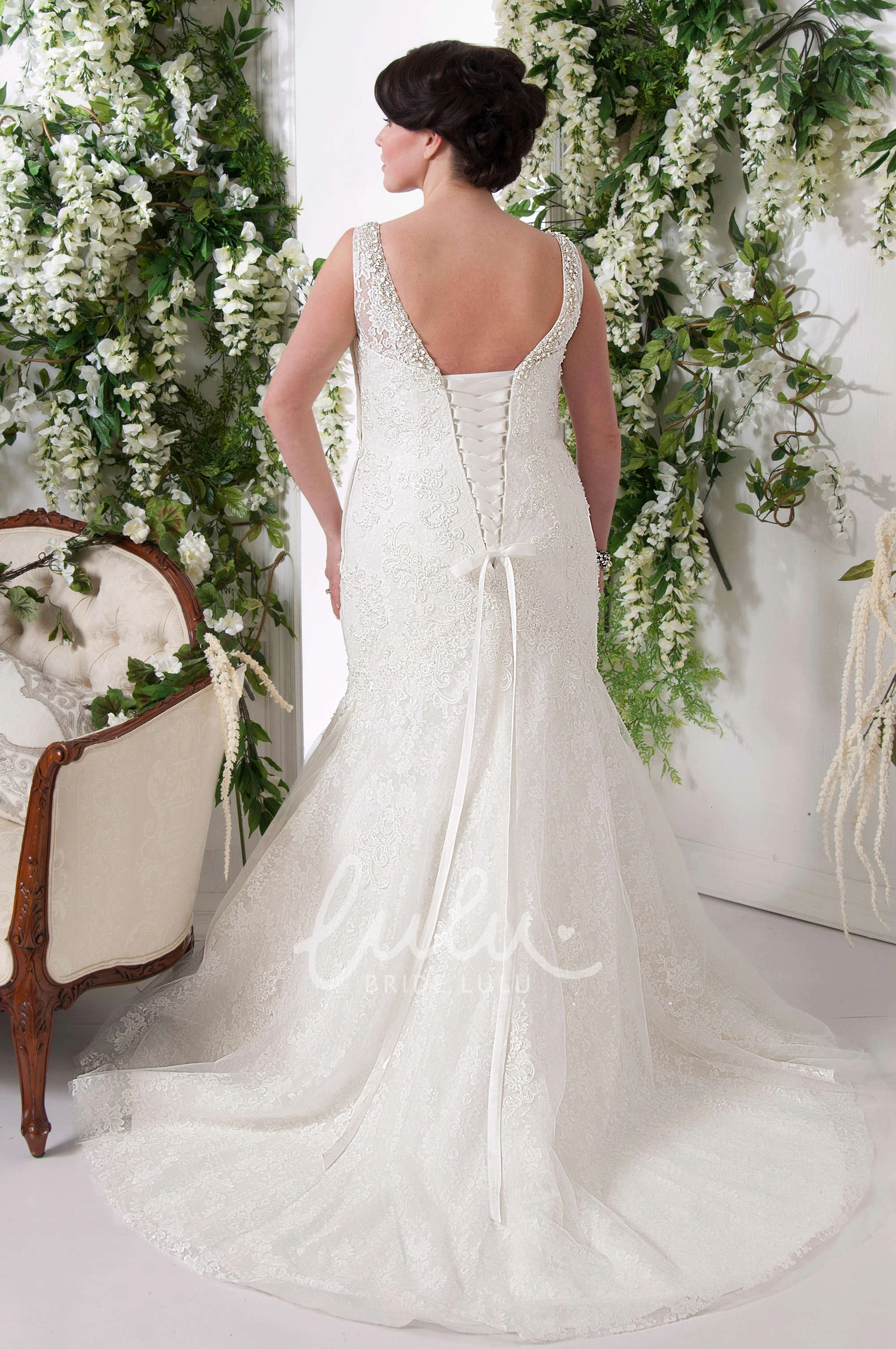Beaded V-Neck Appliqued Lace Plus Size Wedding Dress