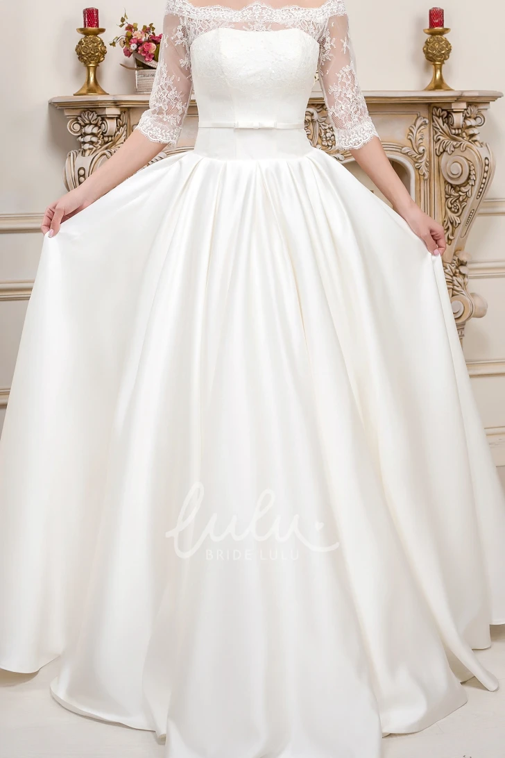 Off-The-Shoulder Lace Satin Wedding Dress Half-Sleeve Floor-Length