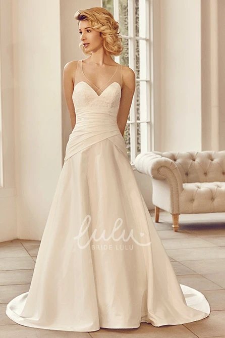 Satin Appliqued V-Neck Wedding Dress with Brush Train and Straps Timeless Bridal Gown
