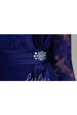 Draped Lace & Chiffon Mother of the Bride Dress with Broach Sheath V-Neck 3-4-Sleeve