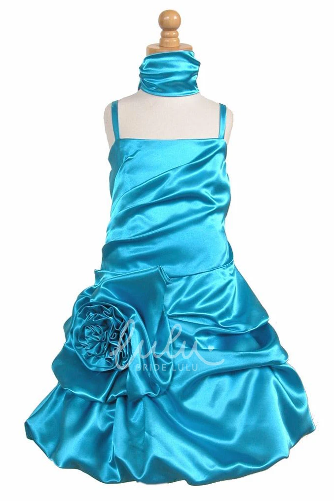 Pleated Tulle&Satin Flower Girl Dress with Jewel Neckline Tea-Length