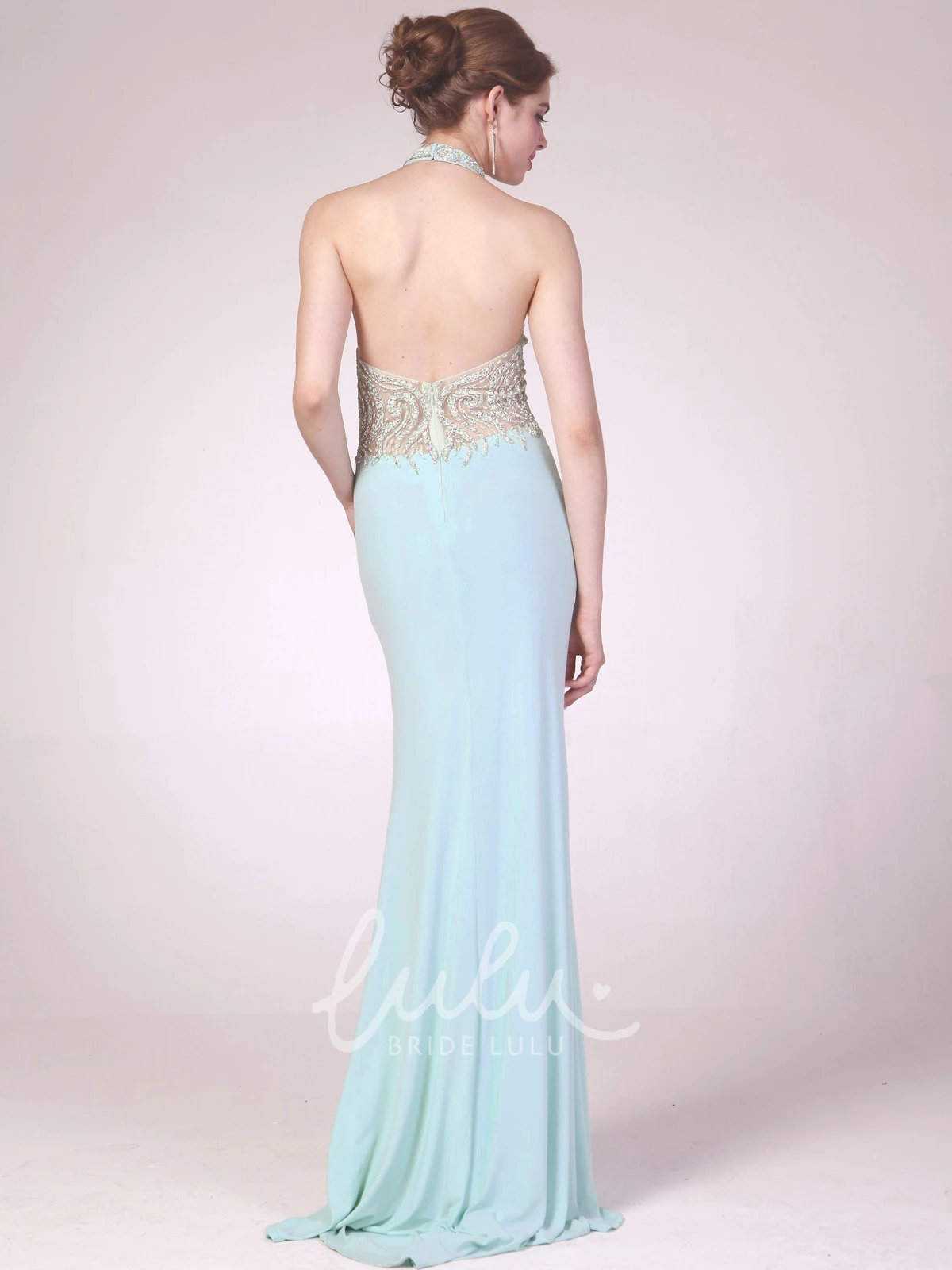 Backless Jersey Formal Dress with Beading and Split Front Sheath or Elegant
