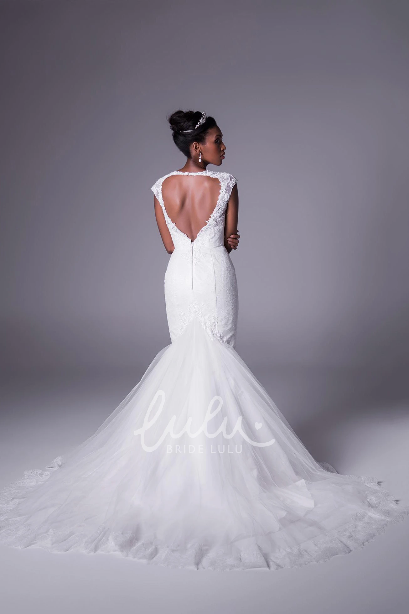 V-Neck Cap-Sleeve Lace Wedding Dress with Mermaid Silhouette and Tiers Romantic Bridal Gown