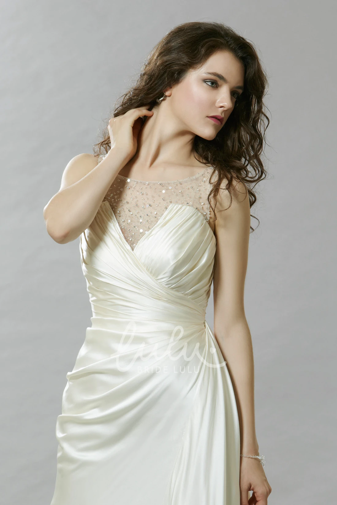 Beaded Sleeveless Satin Wedding Dress Sheath Maxi Unique