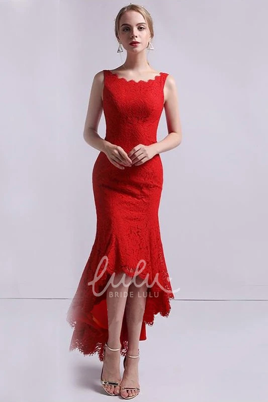 Lace Mermaid High-Low Sleeveless Elegant Formal Dress with Scalloped Deep-V Back