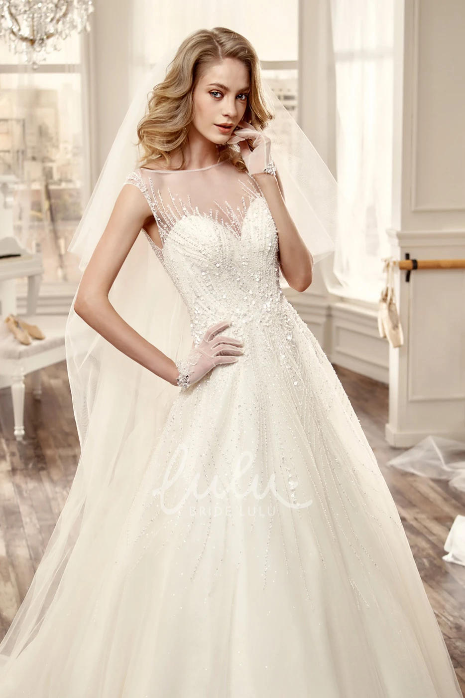Illusion A-Line Wedding Dress with Brush Train and Puffed Tulle Skirt Sweetheart