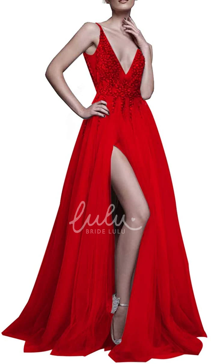 Sleeveless V-neck Tulle A-line Prom Dress with Beading Glamorous