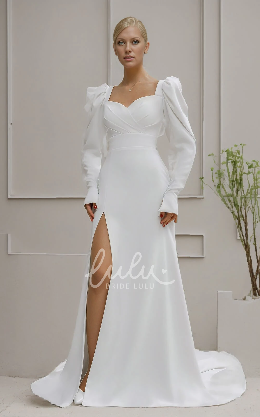 Modest Elegant Sheath Puff Sleeve Split Front Wedding Dress Romantic Simple Queen Anne Neckline Floor Length Sweep Train Reception Bridal Gown