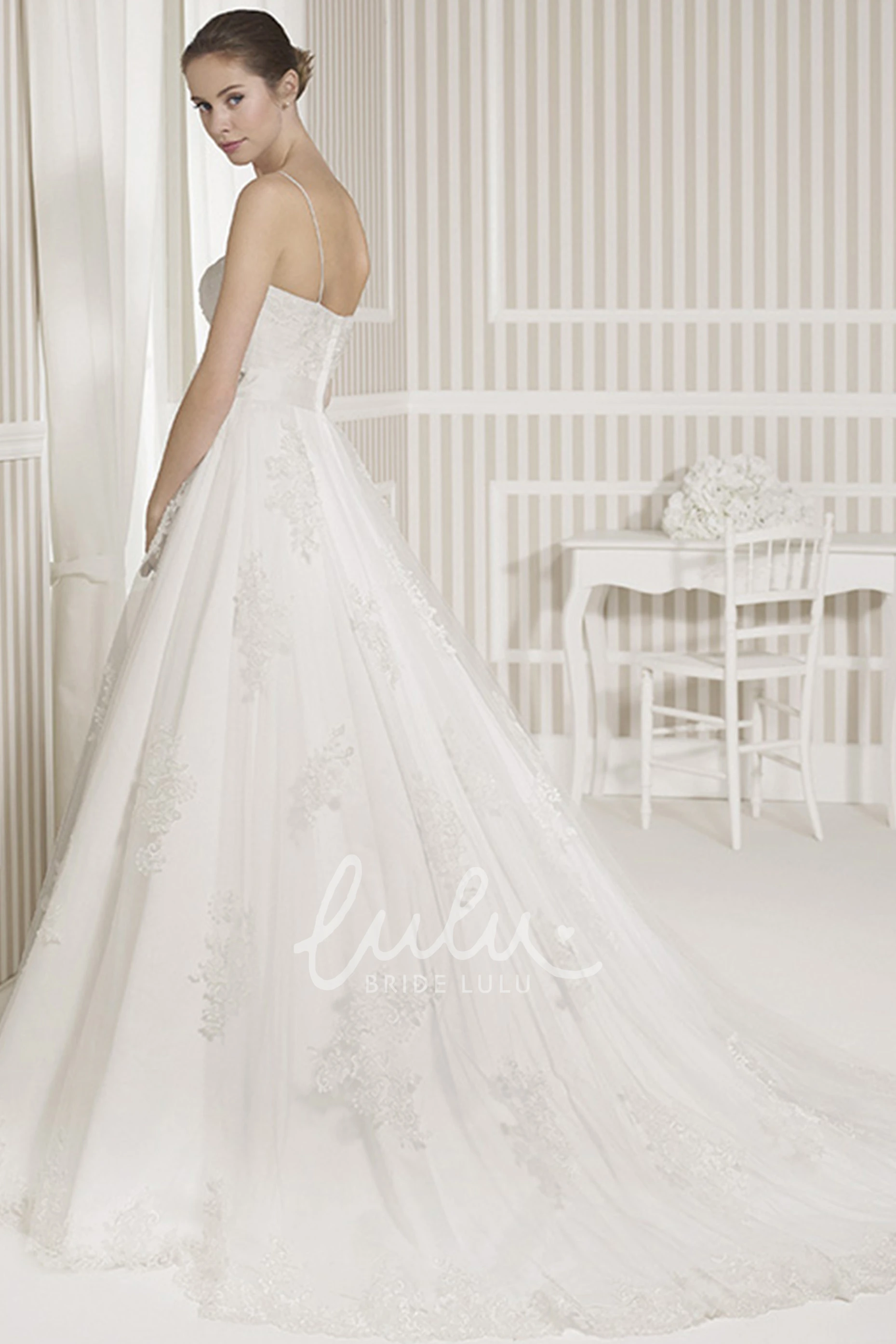 Appliqued Lace Spaghetti Strap Wedding Dress with Court Train Romantic Bridal Gown