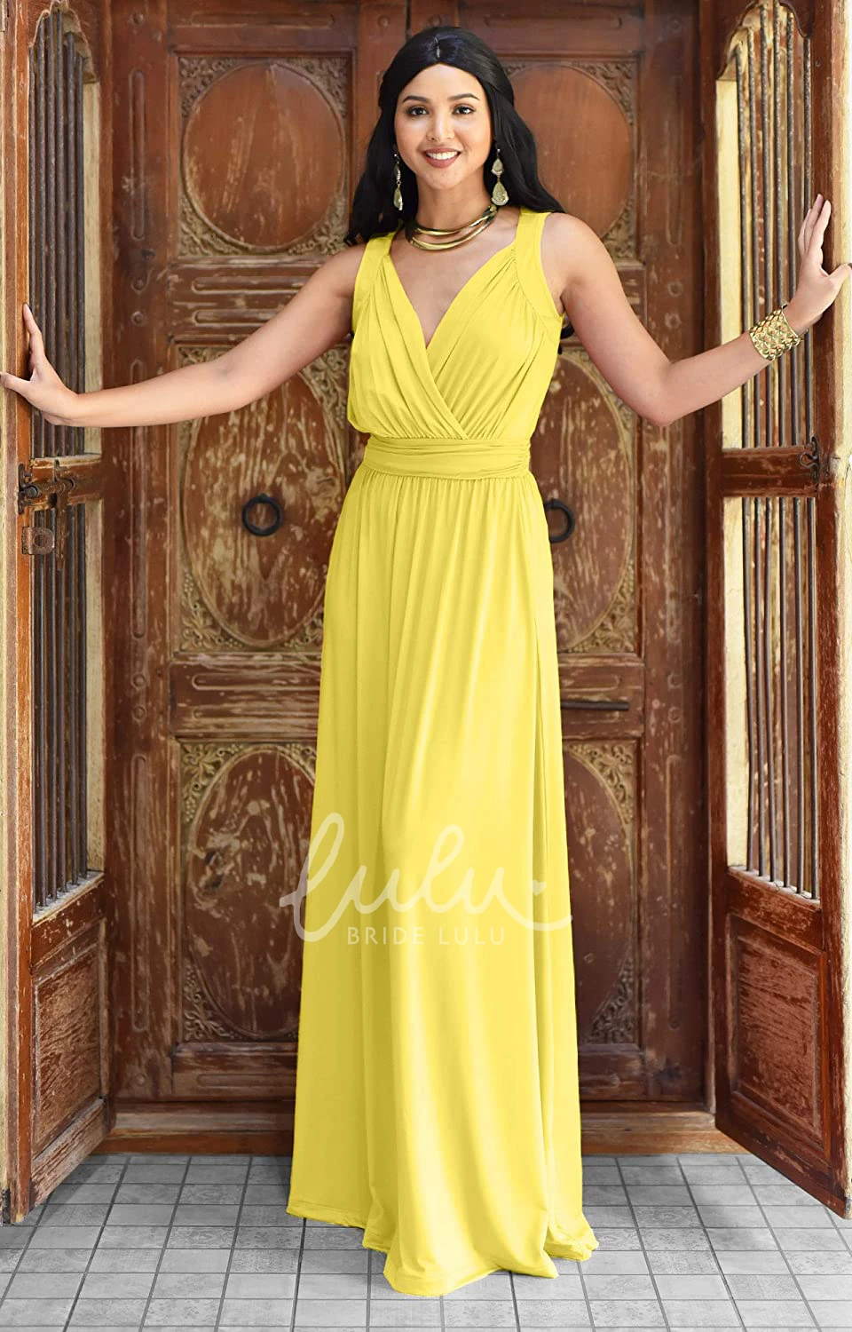 Chiffon V-neck A-line Bridesmaid Dress with Ruching Casual Floor-length