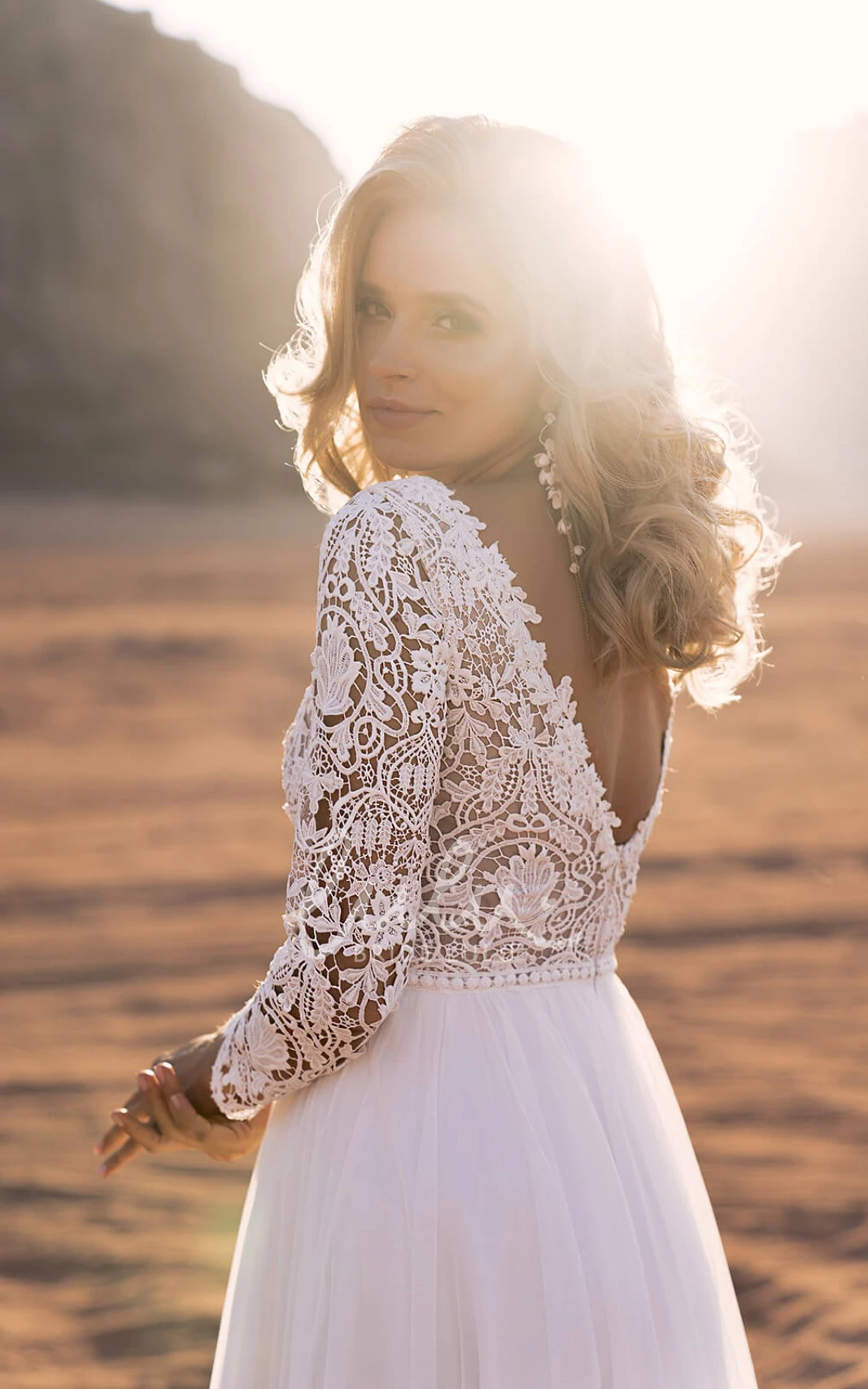 Illusion Sleeve A-Line Chiffon Beach Wedding Dress with Bateau Neckline