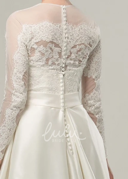 Illusion High Neck A-Line Satin Wedding Dress with Long Sleeves