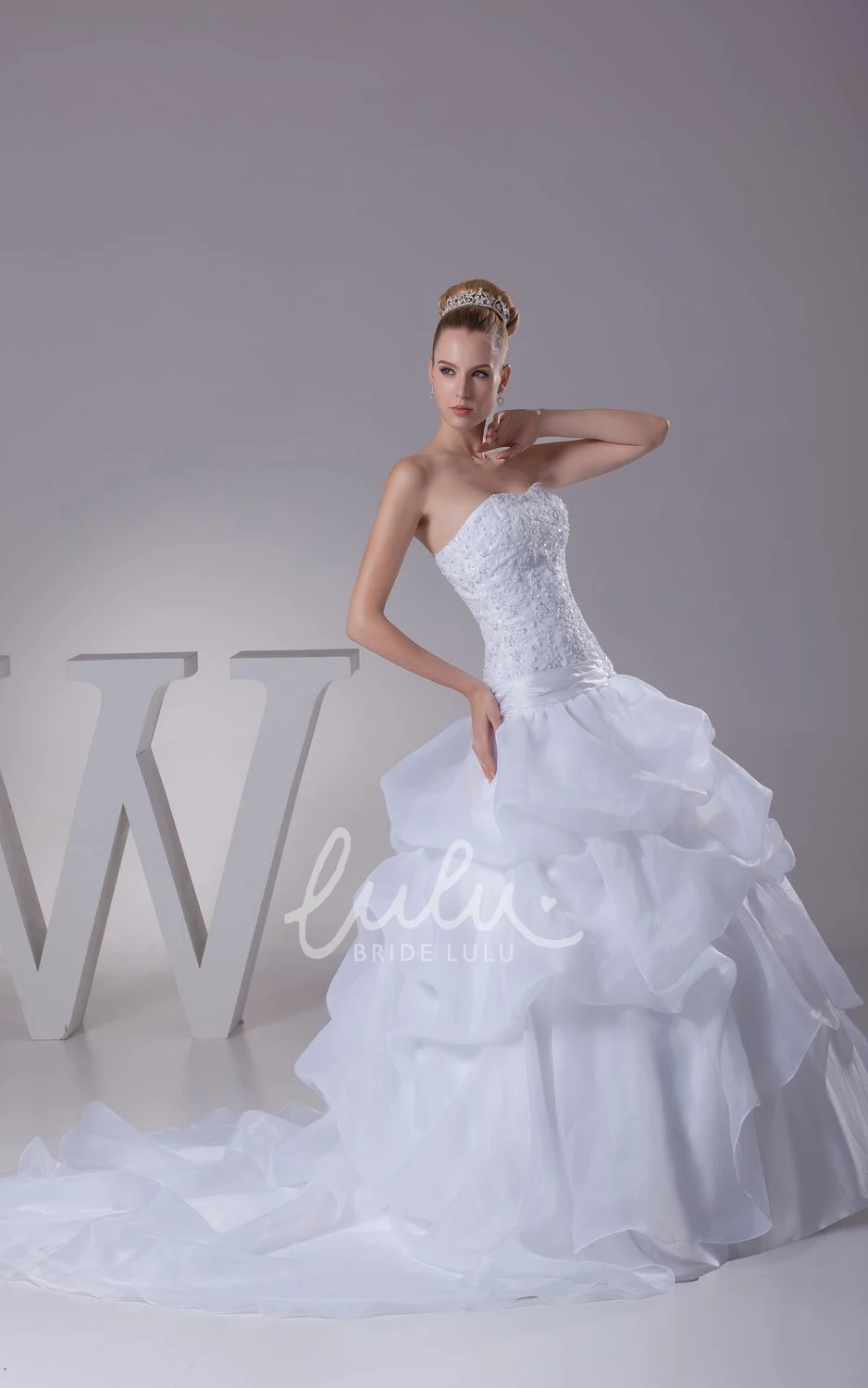 Appliqued A-Line Organza Wedding Dress With Pick-Up Design and Strapless Neckline