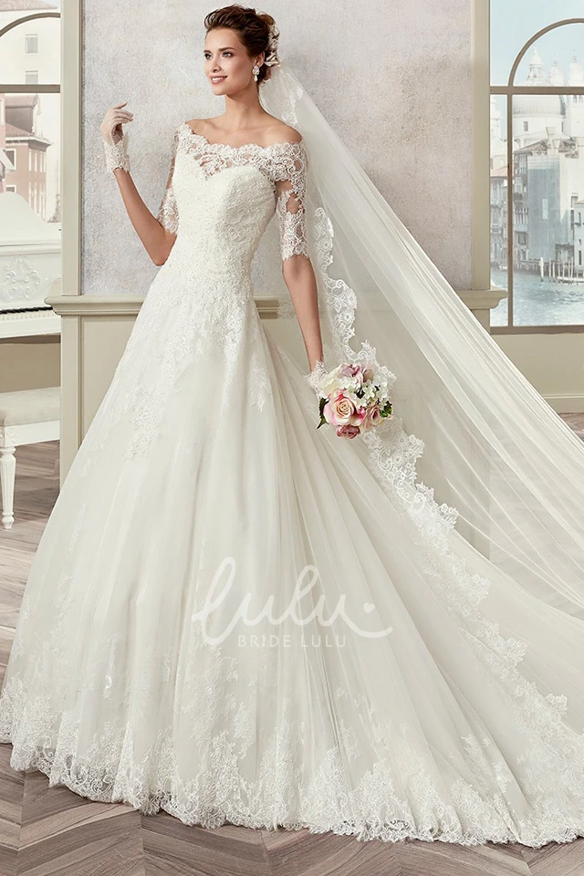 A-Line Bridal Gown with Scalloped Neckline and Half Sleeves Off-Shoulder
