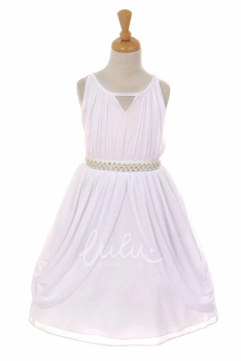 Pleated Chiffon High Neck Flower Girl Dress with Tiered Design and Ribbon