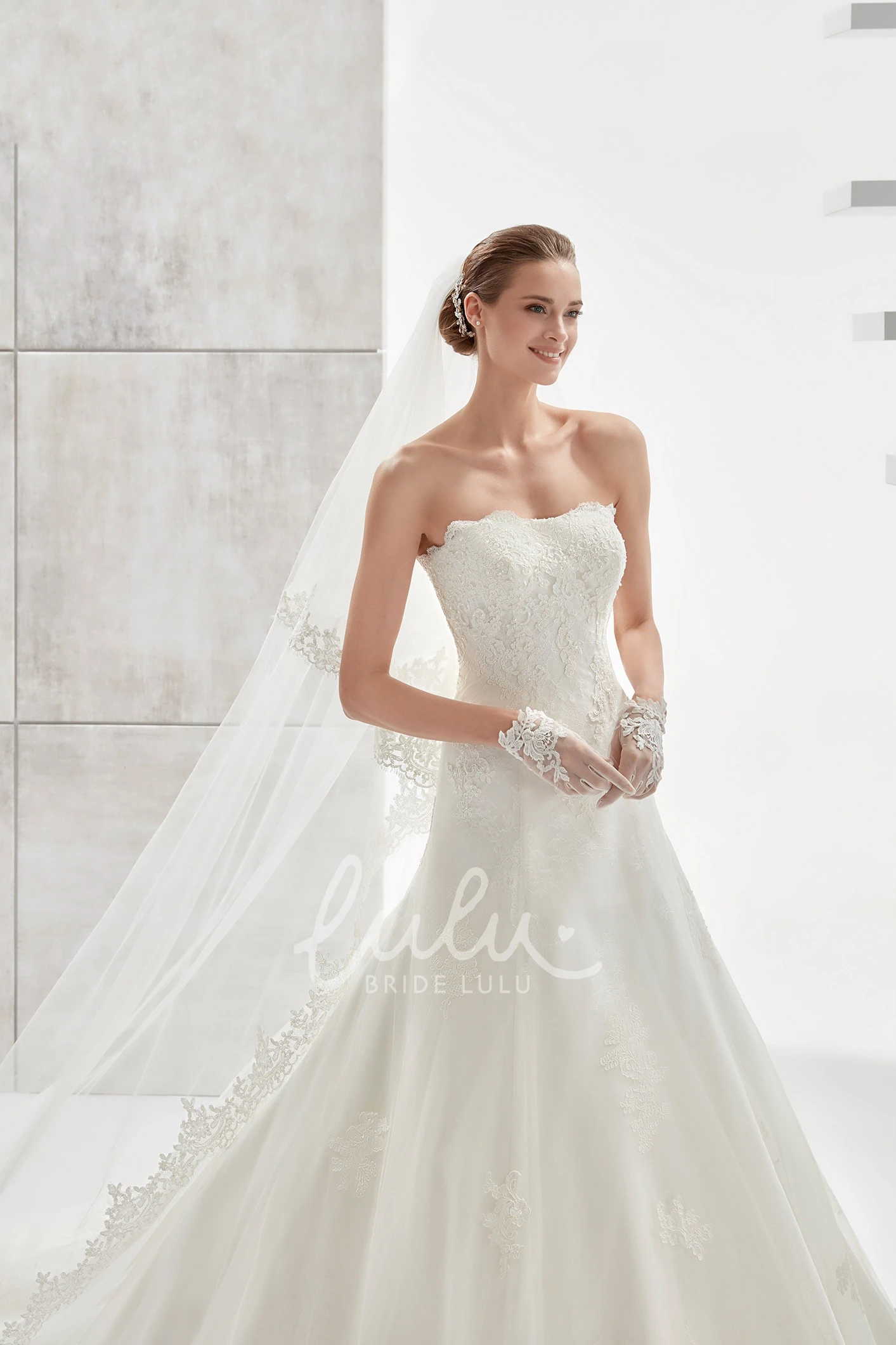 Strapless Wedding Dress with Lace Appliques and Brush Train Simple Bridal Gown