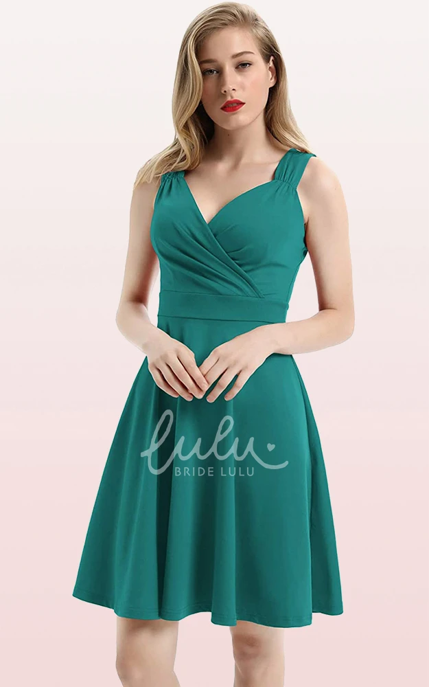 Sleeveless A Line Jersey V-neck Cocktail Dress with Ruffles Casual Prom Dress