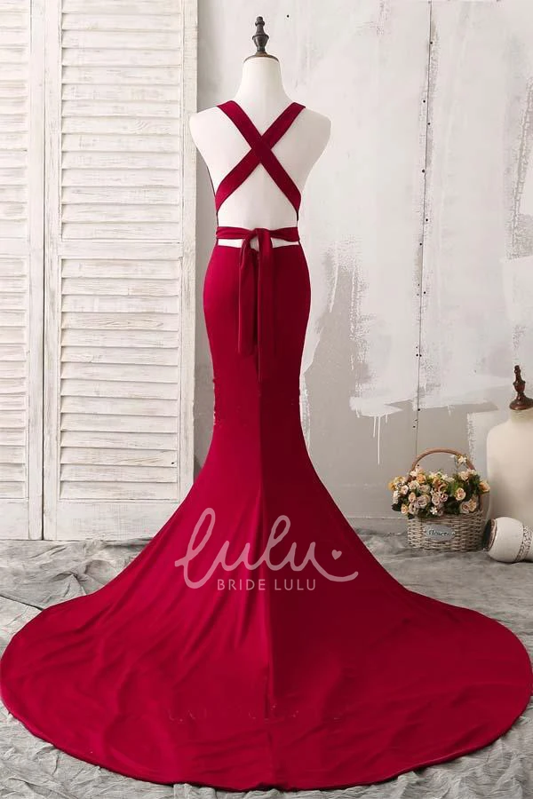 V-neck Sleeveless Satin Mermaid Formal Dress with Court Train