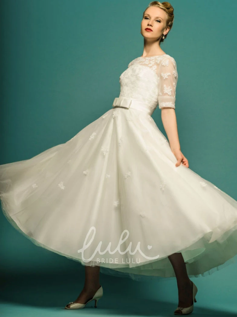 Appliqued Tulle A-Line Wedding Dress Tea-Length Half Sleeve Scoop Neck