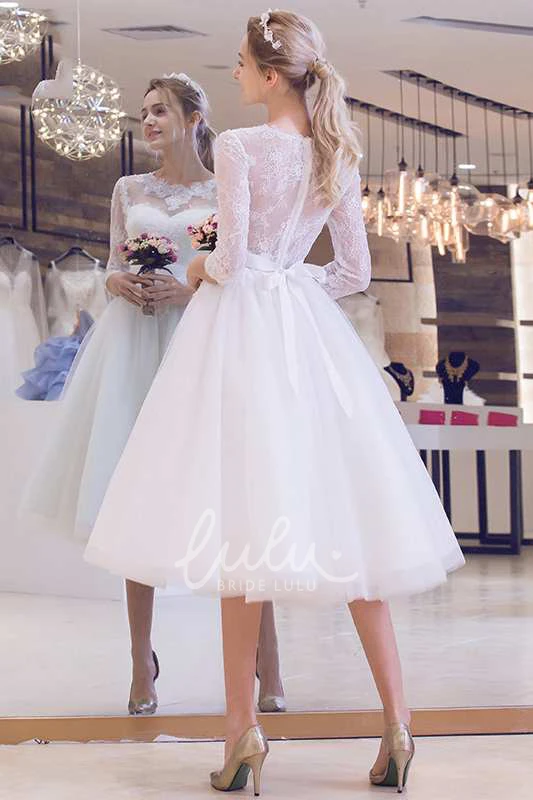 Tea Length Pleated Lace Dress with Jewel Neck and Long Sleeves