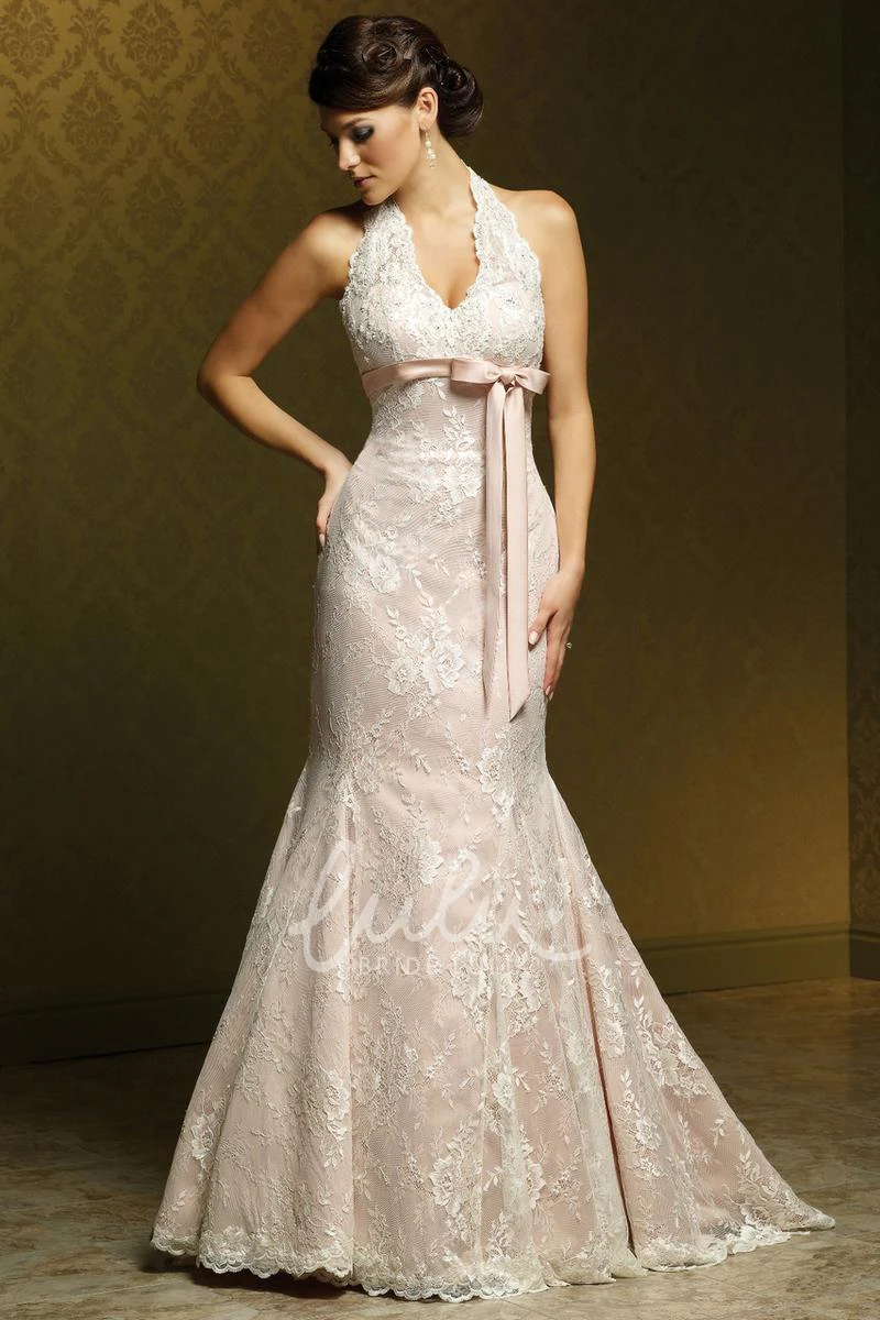 Lace V-Neck Wedding Dress with Bow and Pleats Sheath Floor-Length