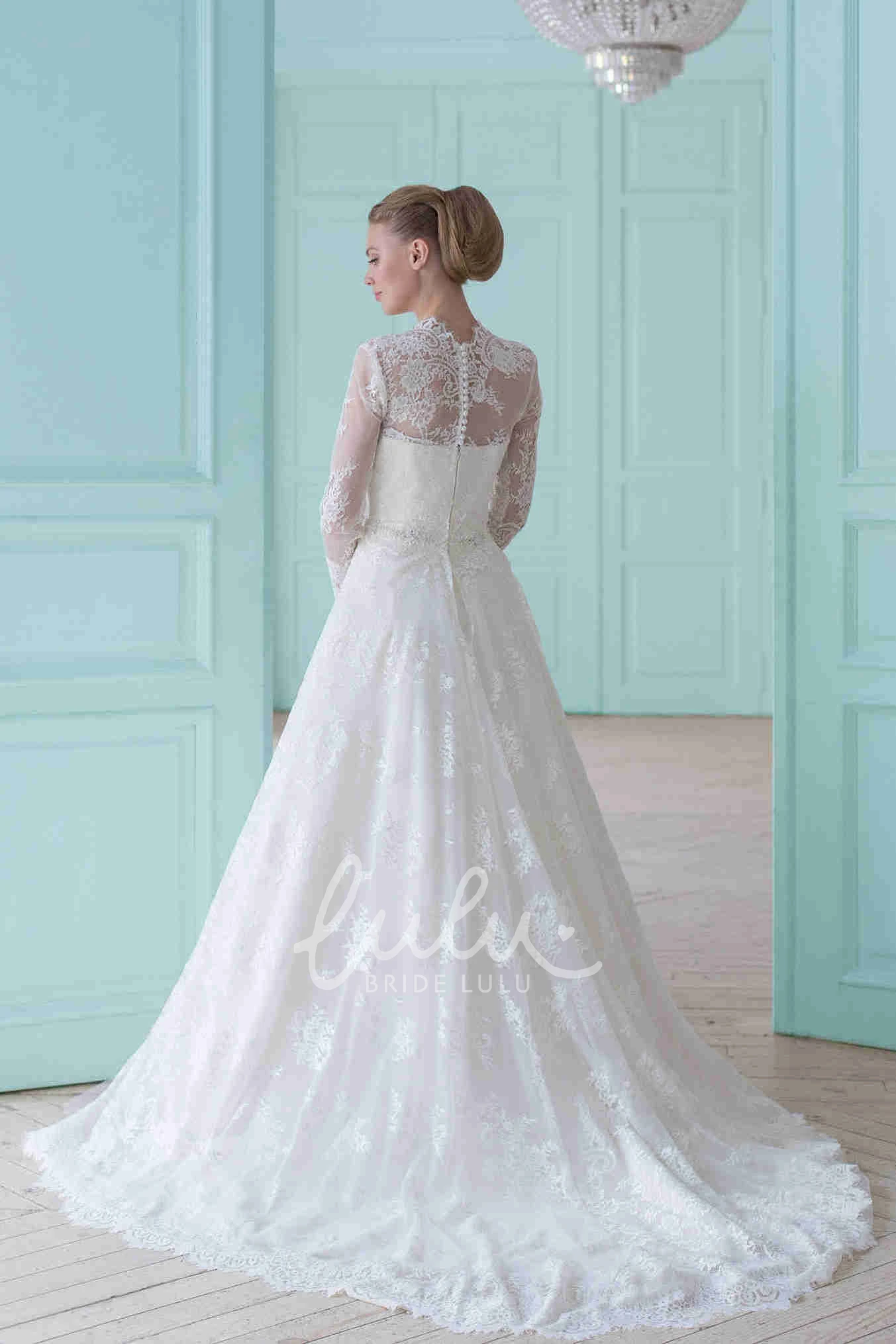 Long-Sleeve V-Neck Lace Wedding Dress with Court Train Modern and Chic