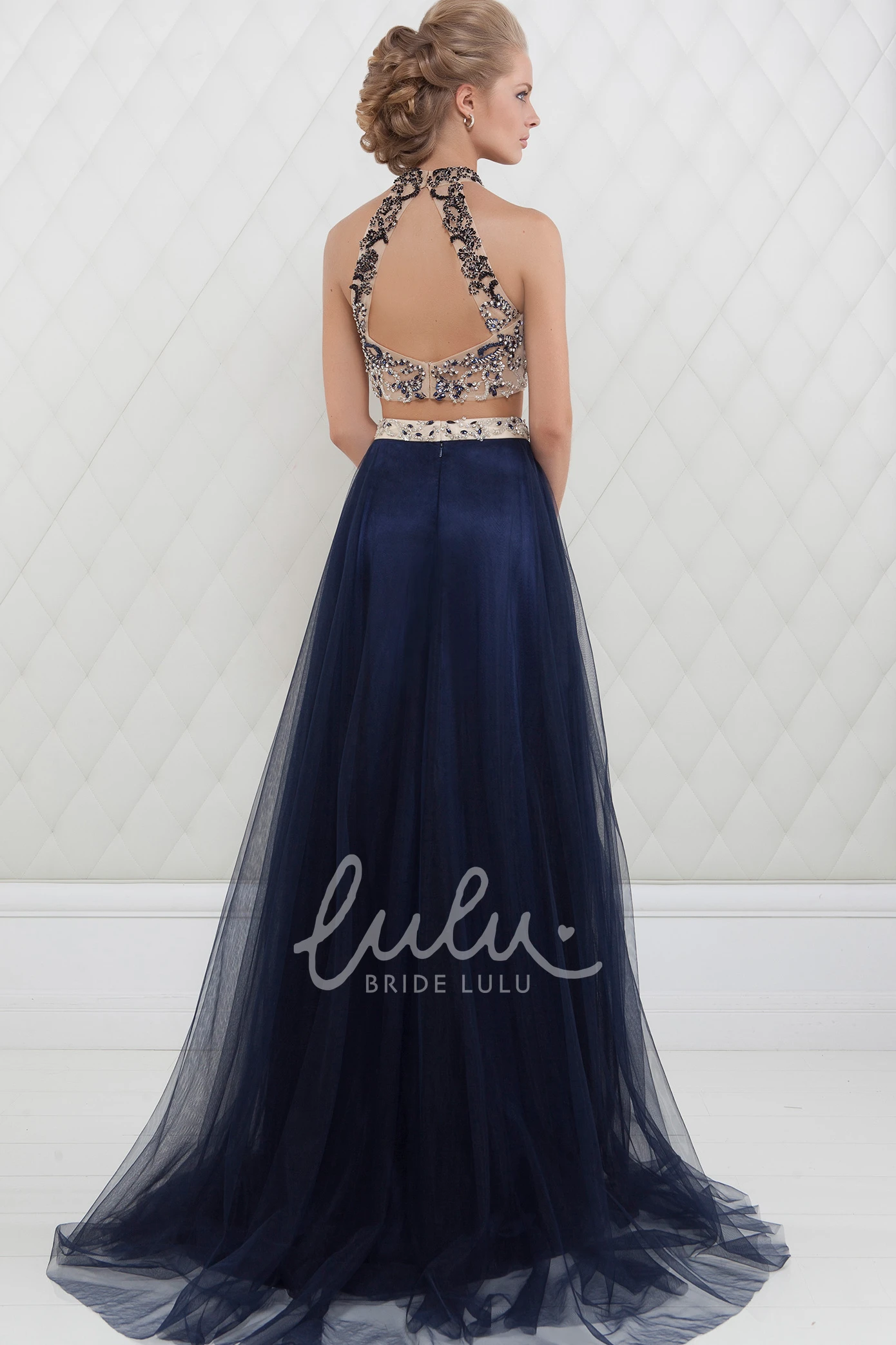 Maxi Tulle Prom Dress with High-Neck Beaded Sleeveless A-Line and Elegant Waist Jewellery