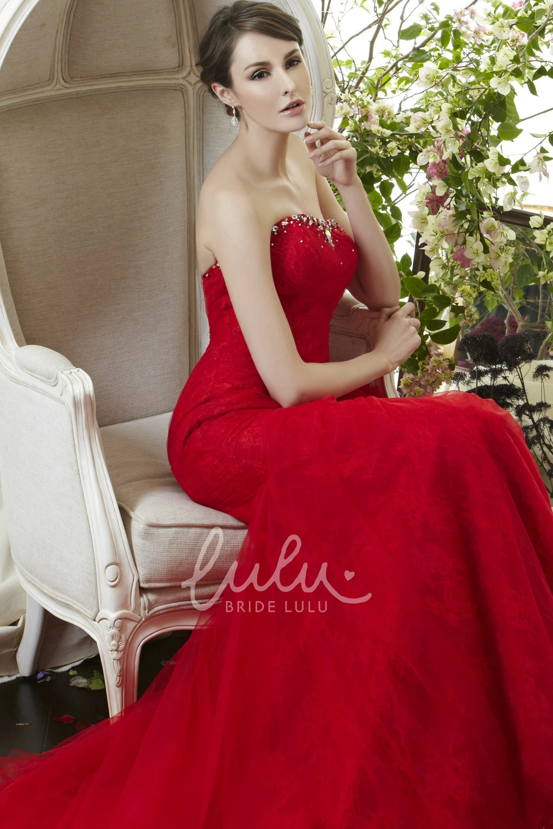 Beaded A-Line Strapless Tulle&Lace Prom Dress with Ruffles and Flower Classy Prom Dress