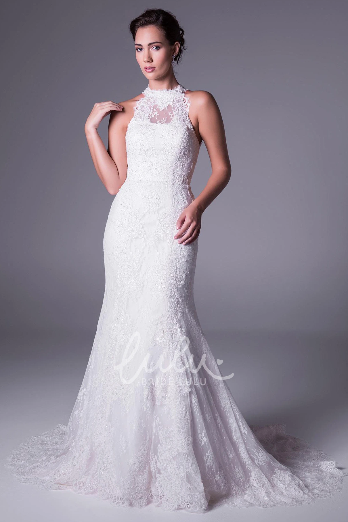 High-Neck Long Lace Wedding Dress Trumpet Appliqued Sleeveless