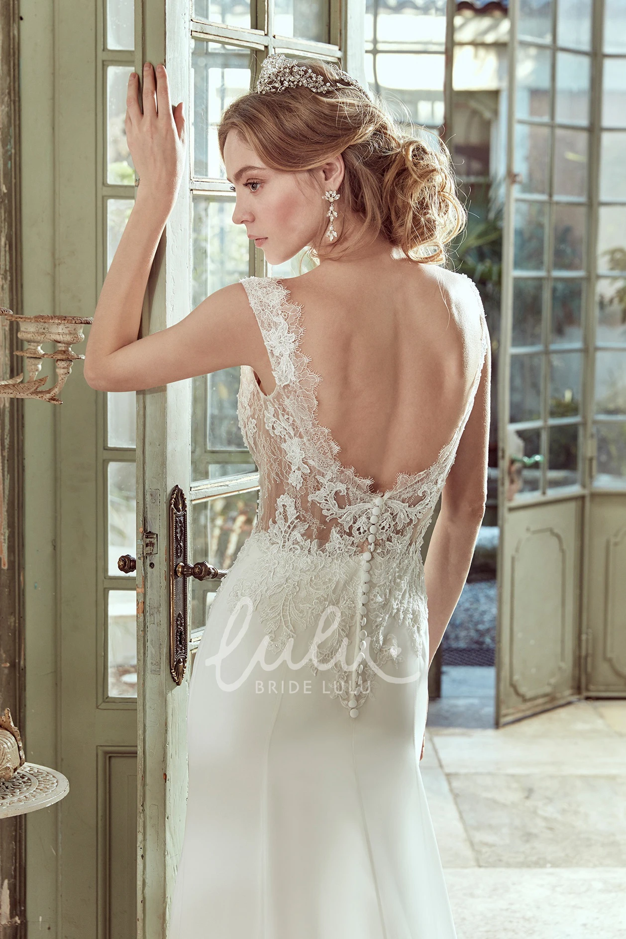 Illusive Lace Cap-Sleeve Sheath Wedding Dress with Open Back