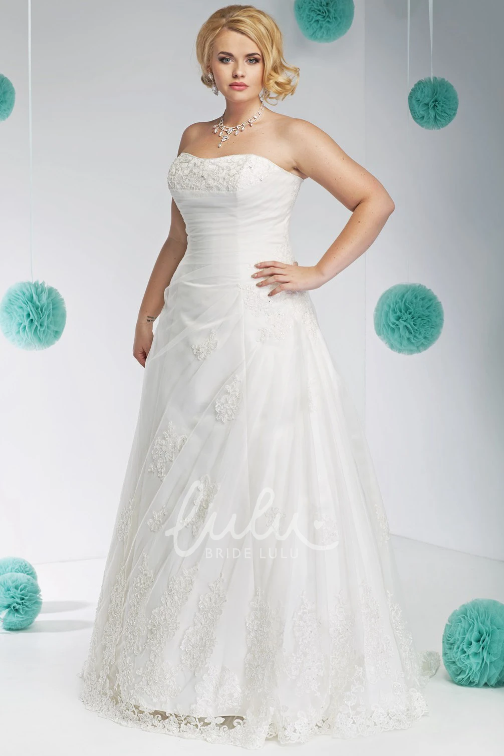 Strapless Lace Long Wedding Dress with Side Draping Plus Size